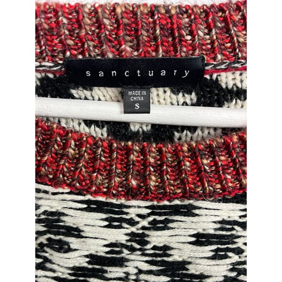 Sanctuary Chunky Knit Fringe Sweater Red Black Fair Isle Boho Size Small - Picture 6 of 16